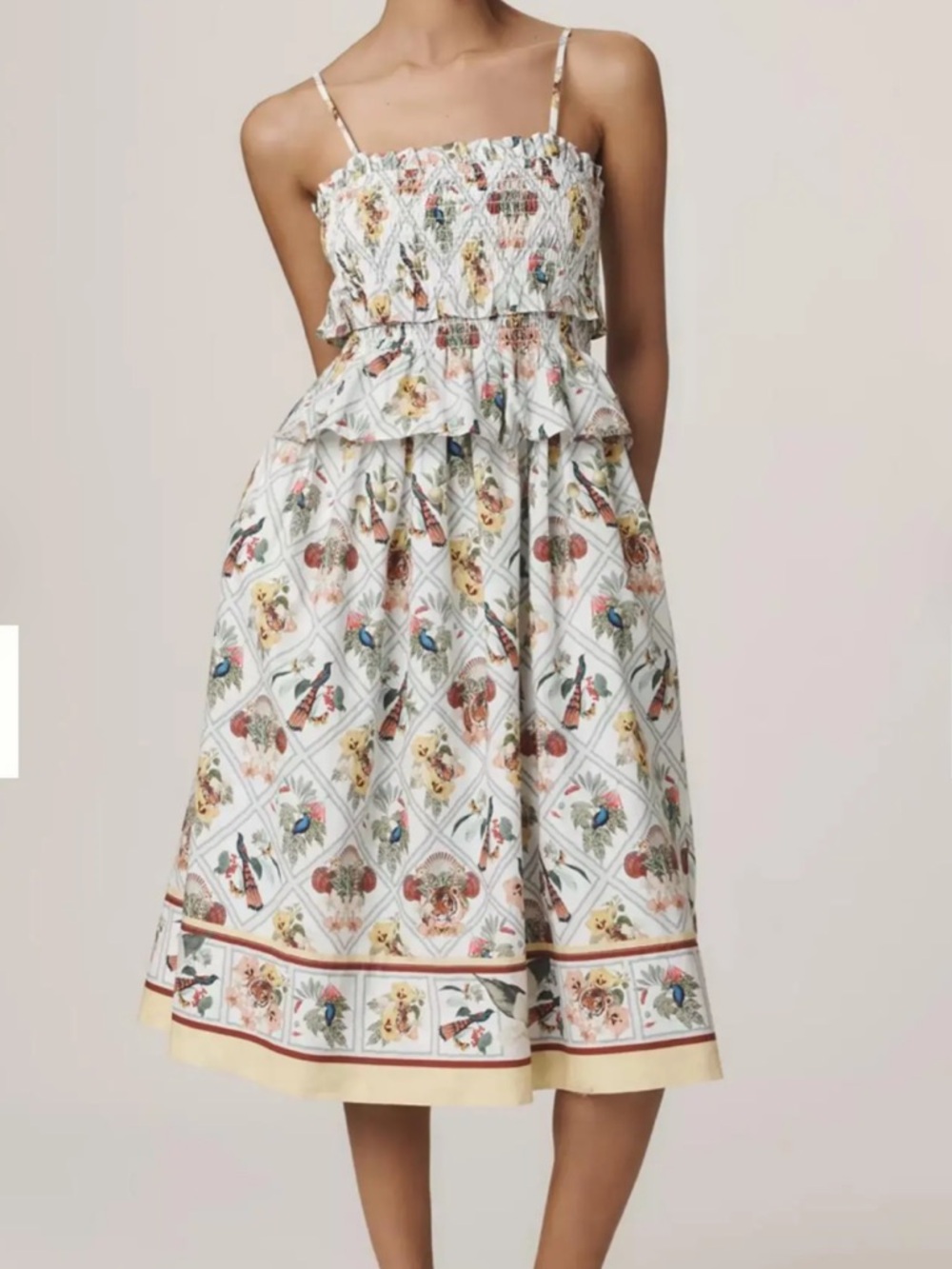 Anthropologie Floral Tiered Midi Dress in White, Yellow, Blue